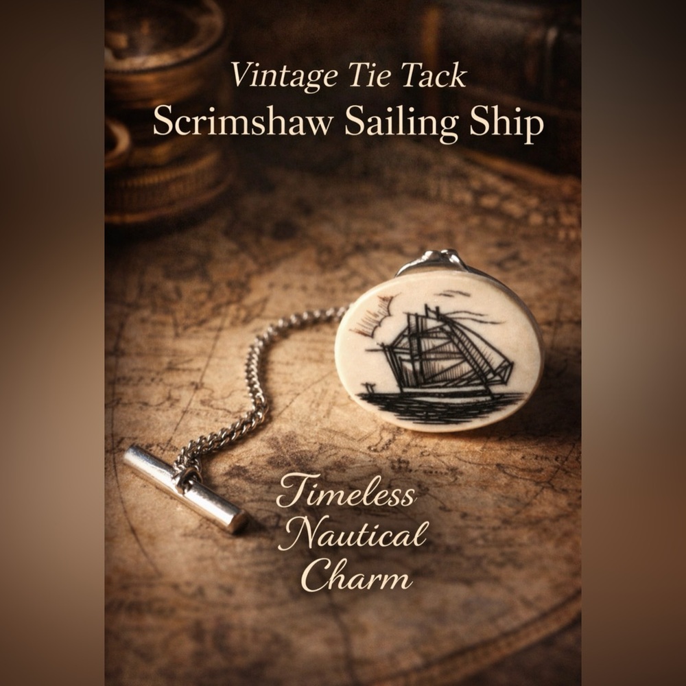 Vintage Tie Tac Featuring Sailing Ship Scrimshaw Desin